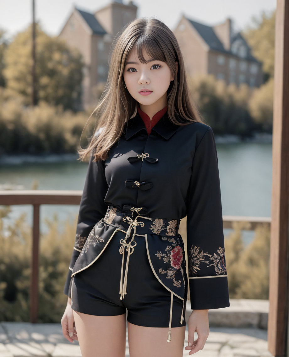 36295-1903376775-1girl, masterpiece, young, full body, photo of a Hu Tao ,18 years,  mini shorts, black jacket, long wide sleeves, looking at vie.png